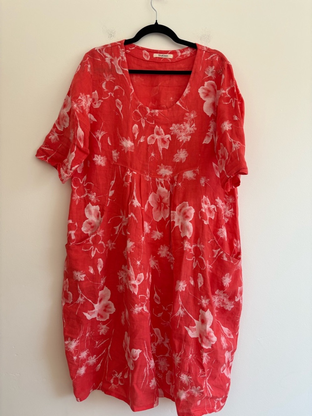 WoolOvers 100% Linen Floral Midi Shift Dress Red Short Sleeve Lagenlook Beach 12